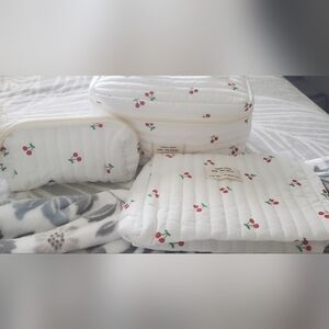 Cherry Print Quilted Make Up Bag Set